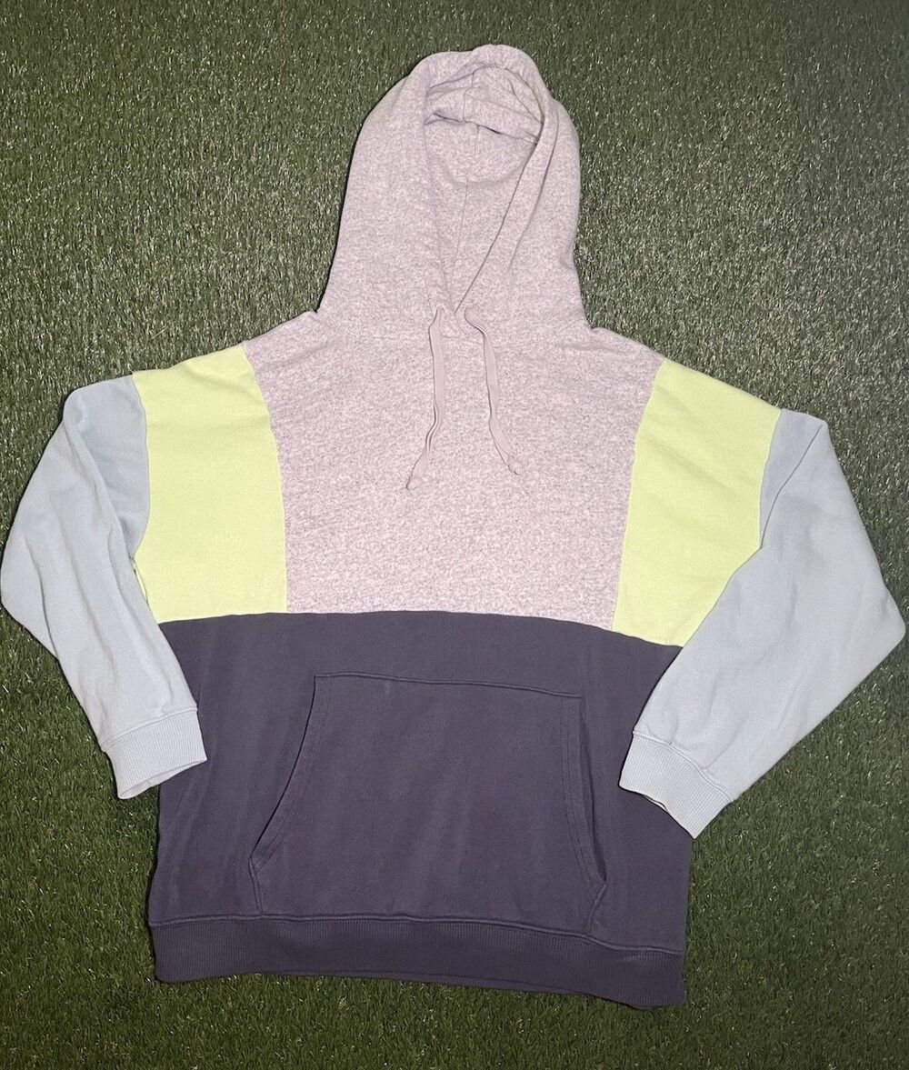 American Eagle Colorblock Fleece Pullover Hoodie Gray Blue Yellow Women’s M